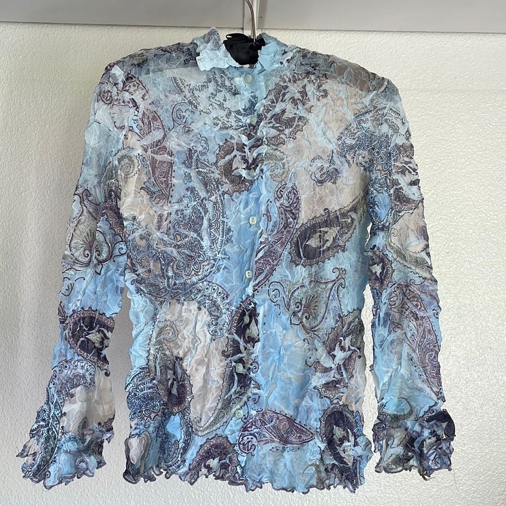 Light blue sheer button down top